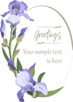 plantilla ovalada de flor de iris azul de estilo vintage con espacio de copia, aislada en fondo blanco vector