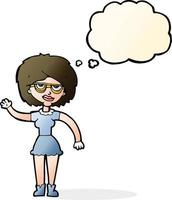 cartoon waving woman wearing spectacles with thought bubble vector