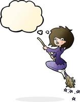 cartoon witch riding broomstick with thought bubble vector