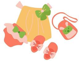 Cute dress with sandals, purse and panties for baby. White background, isolate. vector illustration.