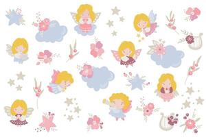 Set of cute angels, flowers, stars, clouds, and harps. White background, isolate. Vector illustration