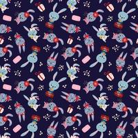 Seamless pattern with cute bunnies. Party with gifts and crackers. Design for fabric, textile, wallpaper, packaging. vector