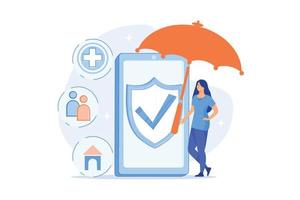 Customer getting insurance coverage and protection using smartphone. On-demand insurance, online policy, personalized isurance service concept. flat vector modern illustration