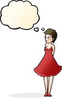 cartoon pretty woman in dress with thought bubble vector
