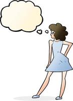 cartoon woman posing in dress with thought bubble vector