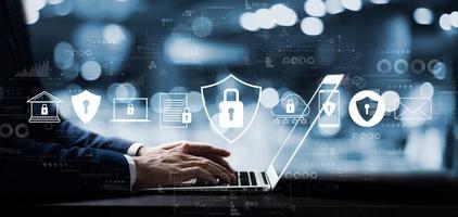 Cybersecurity concept global network security technology, business people protect personal information. Encryption with a padlock icon on the virtual interface. photo