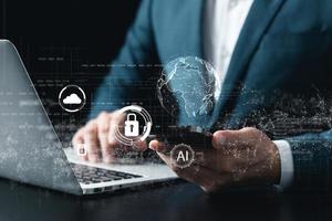 Cyber security concepts and global internet networks, Software engineers coding artificial intelligence Ai helping secure global internet networks, Cybersecurity and big data concept. photo
