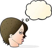 cartoon female face with narrowed eyes with thought bubble vector