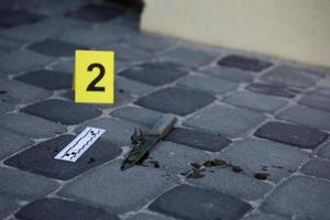 Evidence with yellow CSI marker for evidence numbering on the residental backyard in evening. Crime scene investigation concept photo