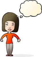 cartoon woman shrugging shoulders with thought bubble vector