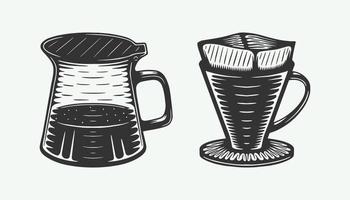 juego de cafe vintage de olla y filtro v60. puede usarse como emblema, logotipo, insignia, etiqueta o marca. también se puede utilizar como póster o impresión. arte gráfico monocromático. vector. vector