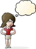 cartoon annoyed woman with hands on hips with thought bubble vector