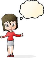 cartoon woman shrugging shoulders with thought bubble vector