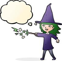 cartoon witch girl casting spell with thought bubble vector