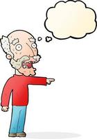 cartoon scared old man pointing with thought bubble vector