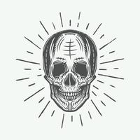 Vintage line skull in retro style. Vector illustration. Monochrome Graphic Art.