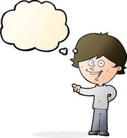 cartoon boy laughing and pointing with thought bubble vector