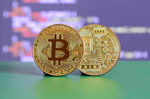 Two gold bitcoins lie on the green surface on the background of the display, which shows the process of mining the crypto currency photo