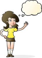 cartoon pretty woman waving for attention with thought bubble vector