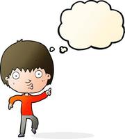 cartoon impressed boy pointing with thought bubble vector