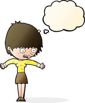 caricatura, mujer, pánico, con, burbuja del pensamiento vector