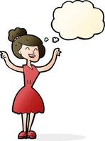 cartoon woman with raised arms with thought bubble vector