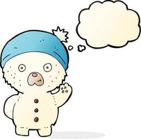 caricatura, agitar, polar, osito de peluche, en, invierno, sombrero, con, burbuja del pensamiento vector