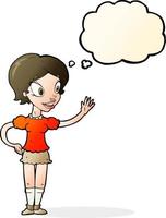 cartoon waving woman with thought bubble vector