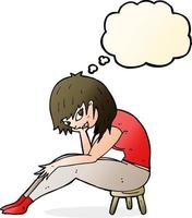 cartoon woman sitting on small stool with thought bubble vector