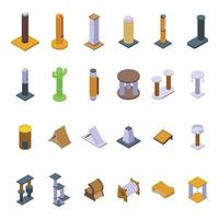 Cats scratching post icons set isometric vector. Tree tower vector