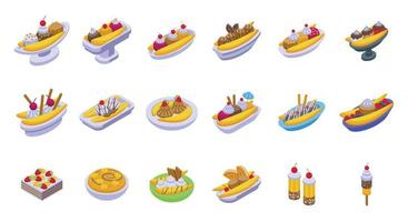 Banana split icons set isometric vector. Calories cream vector