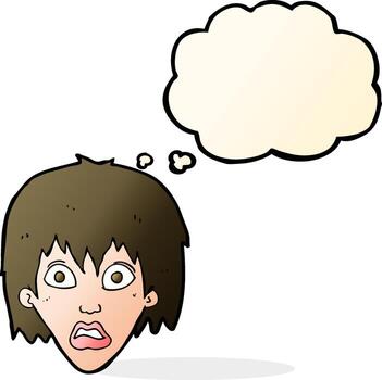 caricatura, asustado, mujer, con, burbuja del pensamiento vector