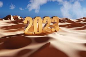 2023 Golden Metal Text in the Desert - 3D Illustration Render photo