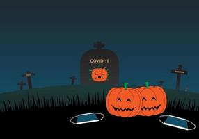 Concept of the end of covid-19 pandemic. Happy smiling pumpkin smiling and take off face mask. Happy halloween. vector