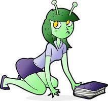 cartoon alien girl and book vector