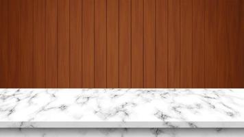 Empty Marble Table with Wooden Background. photo