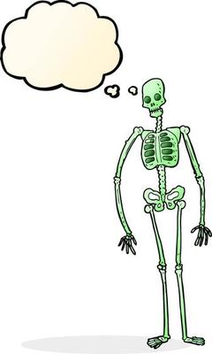 cartoon spooky skeleton with thought bubble