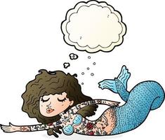 cartoon mermaid covered in tattoos with thought bubble vector