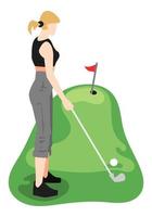 ilustración de una chica balanceando un palo de golf. fondo del campo de golf. el concepto de deporte, estilo de vida, aficiones, golf, salud, mañana. vector plano