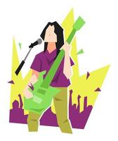 Ilustración de músico actuando en el escenario con guitarra y micrófono. fondo de multitud. el concepto de conciertos, bandas, canto, celebridades. vector plano