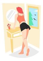 ilustración de la vista trasera de una mujer hermosa mirándose en el espejo. fondo de paredes de habitaciones, armarios, ventanas, árboles, etc. el concepto de maquillaje, belleza, apariencia, etc. vector plano