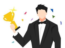 los hombres con ropa elegante y formal reciben premios, trofeos. fondo blanco aislado. concepto de competencia, actor, logro, trabajo, victoria, etc. ilustración vectorial plana vector