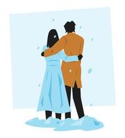 woman and man couple hugging in winter. snowfall. warm clothes. isolated on a blue background. the concept of boyfriend, girlfriend, love, marriage, valentine, etc. flat vector illustration