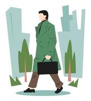 illustration of male office worker holding suitcase walking to office for work. side view. background of buildings, trees, grass. concept of business, work, profession, etc. flat vector