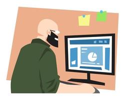 illustration of an office worker working using technology. bald, bearded, glasses, mature. concept of profession, occupation, activity, etc. flat vector