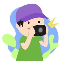 little boy in hat is taking pictures with camera. cute cartoon style. isolated blue and green color background. flat vector illustrations.