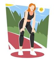 ilustración de una mujer cansada después de trotar en una pista de atletismo. fondo de campo, hierba, hojas. resplandor del sol icono de cara cansada. concepto de ejercicio, fatiga, descanso, etc. vector plano