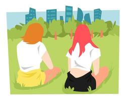 illustration of two girls looking at a tree, building, landscape. back view. friendship concept, parks, outdoors, nature, youth, etc. flat vector style