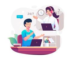 Customer service concept with a man sitting at his laptop and talking with a call center woman support. Contact us, Hotline operator. Vector illustration in flat style