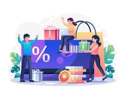 Discount and Loyalty program concept. People receive a gift box, Discount, Loyalty card, rewards card points and bonuses Vector illustration in flat style